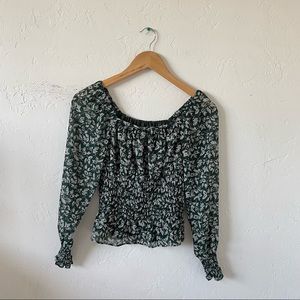 Georgette Square-Neck Smock-Waist Top in Forest Leaves